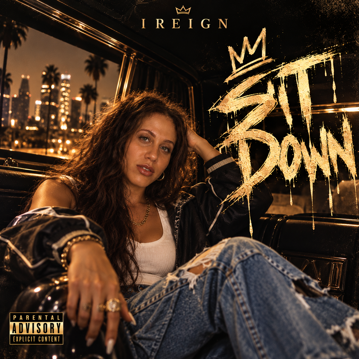 SIT DOWN single artwork — IREIGN in a vintage car at night with the Los Angeles skyline
