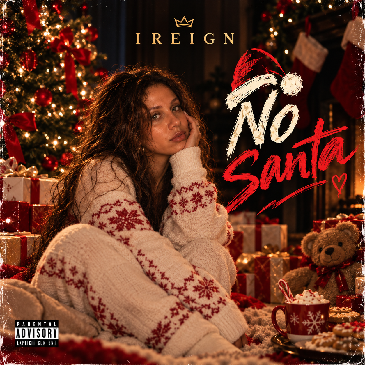 No Santa single artwork — IREIGN in a knit sweater beside a Christmas tree